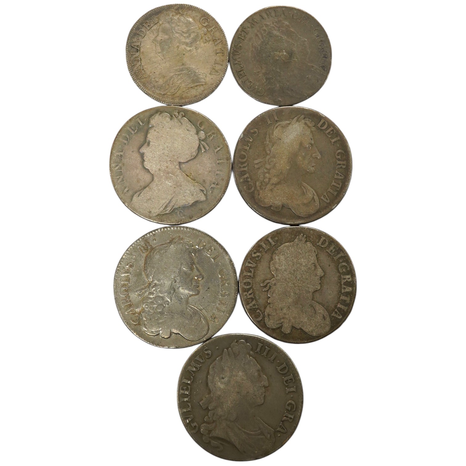 British silver coins, Stuart period, two Charles II crowns, Charles II half crown, William III crown, Queen Anne crown, William and Mary half crown